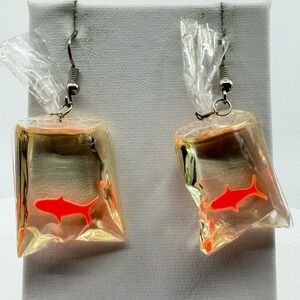 Goldfish in Water Bag Clear Plastic Dangle Earrings Kitsch Novelty Statement